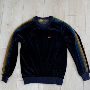 NWOT Aviator Nation Navy Blue Velour Sweatshirt with Rainbow Stripes XS